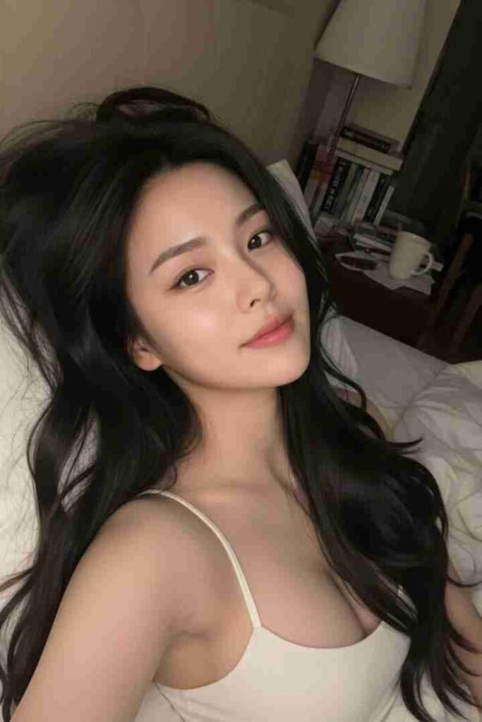 KL Escort Girl Asian woman with long dark hair lying down in a white tank top. Sex Call Girl