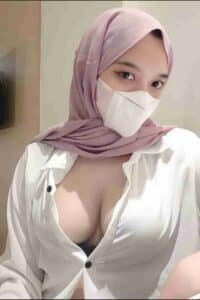 KL Escort Girl Woman in hijab and mask wearing unbuttoned shirt. Sex Call Girl