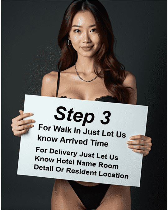 Woman holding sign with delivery instructions: Step 3, arrival details.