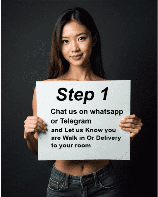 Woman holding sign with instructions: Chat us on WhatsApp or Telegram for walk-in or delivery.
