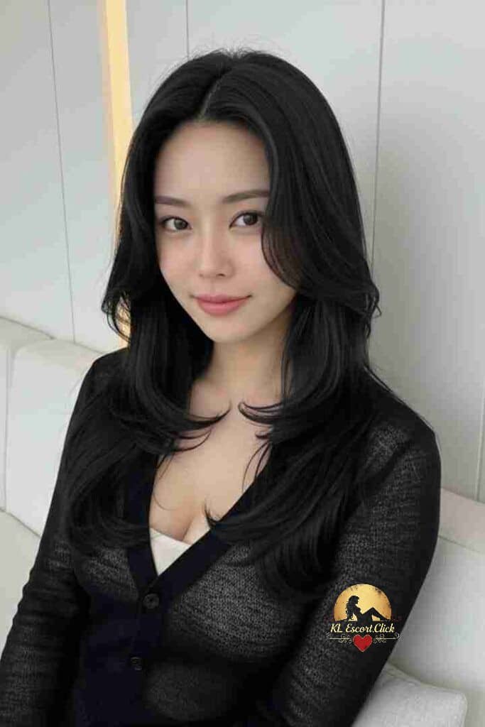 Seductive Asian woman with long black hair, wearing a sheer black top. KL Escort Qi Qi.