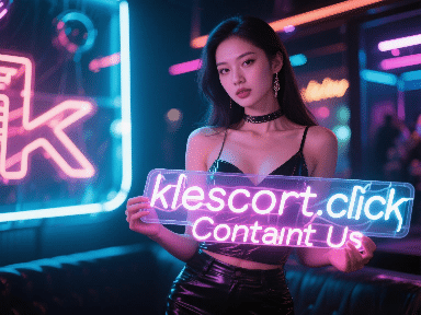 Asian woman holding klescort.click neon sign. Contact us.