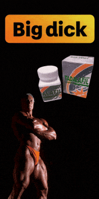 Bodybuilder with Tadalafil pills. Text: Big dick.