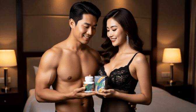 Attractive couple holding male enhancement supplements in bedroom setting.