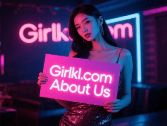 Girl holding Girlkl.com About Us sign in neon-lit setting. Travel companion services.