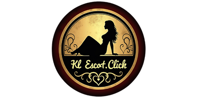KL Escort.Click logo with silhouette of woman in gold circle on dark background.