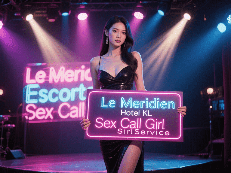 Woman holding Le Meridien Hotel KL "Sex Call Girl Service" sign on stage.