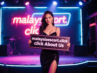 Elegant woman holding Malaysia Escort sign on stage. Malaysiaescort.click.