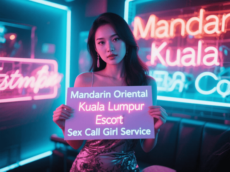 Asian woman holding Mandarin Oriental Kuala Lumpur Escort sign in front of neon lights.