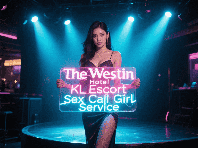 Woman holding "The Westin Hotel KL Escort Service" sign in nightclub setting.