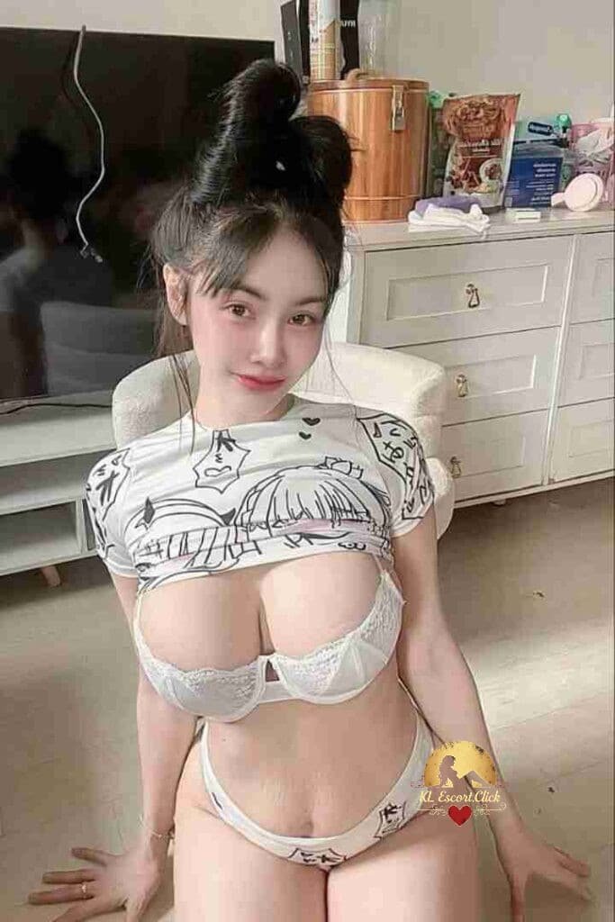 Woman in anime crop top and lingerie set, kneeling. White background. Big hair.