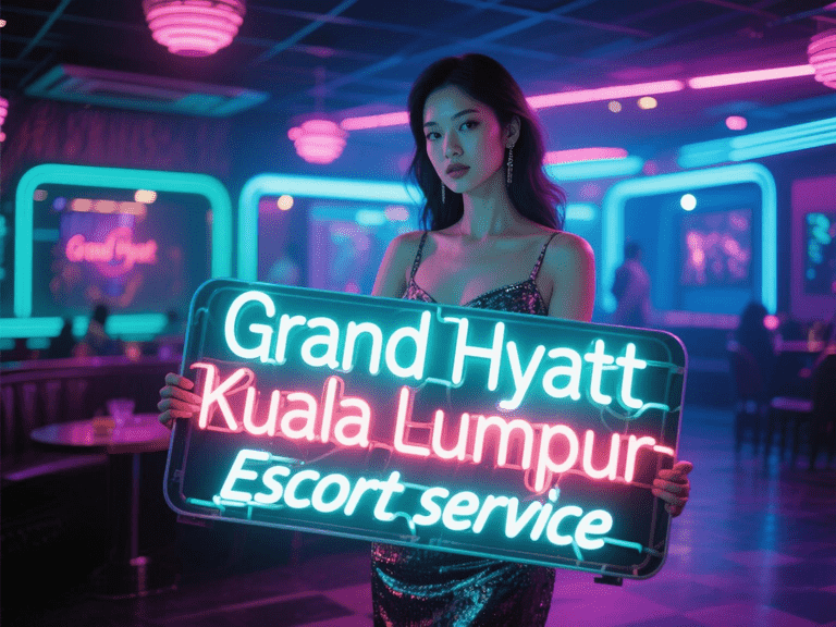 Woman holding Grand Hyatt Kuala Lumpur neon sign. Escort service advertised, vibrant nightlife setting.