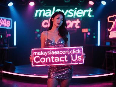Woman in sequin dress holding "Contact Us" sign at malaysiaescort.click.