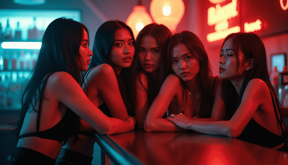 KL Escort Girl Five young women in a bar, illuminated by red and blue neon lights. Sex Call Girl