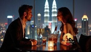 KL Escort Girl Couple enjoying champagne at a rooftop bar with city skyline view Sex Call Girl