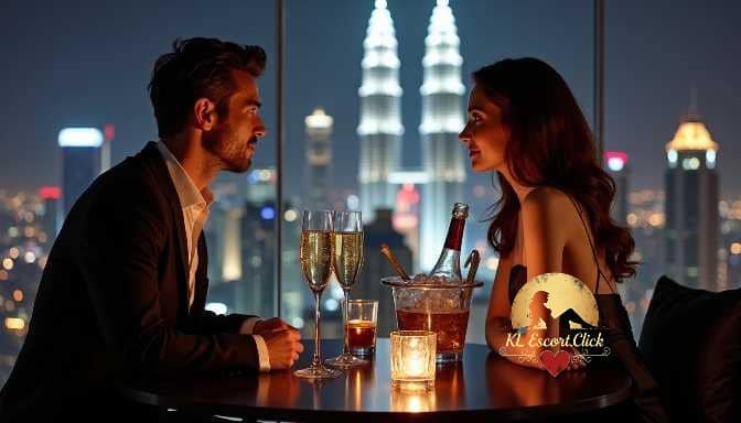 KL Escort Girl Couple enjoying champagne at a rooftop bar with city skyline view Sex Call Girl