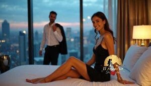 KL Escort Girl Couple in elegant attire enjoys a city view from a luxurious hotel room at dusk. Sex Call Girl