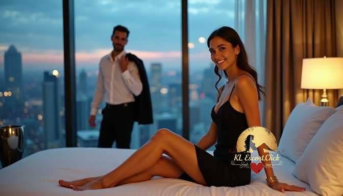 KL Escort Girl Couple in elegant attire enjoys a city view from a luxurious hotel room at dusk. Sex Call Girl