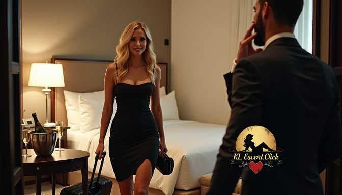 KL Escort Girl Elegant woman in black dress with luggage in a hotel room Sex Call Girl