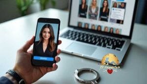 KL Escort Girl Woman's face verified on smartphone screen next to laptop Sex Call Girl