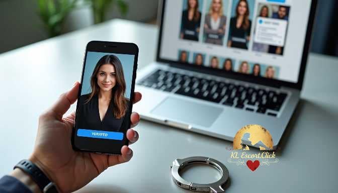KL Escort Girl Woman's face verified on smartphone screen next to laptop Sex Call Girl