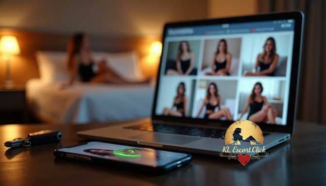 KL Escort Girl Laptop displaying multiple women, with a smartphone and keys in the foreground. Sex Call Girl