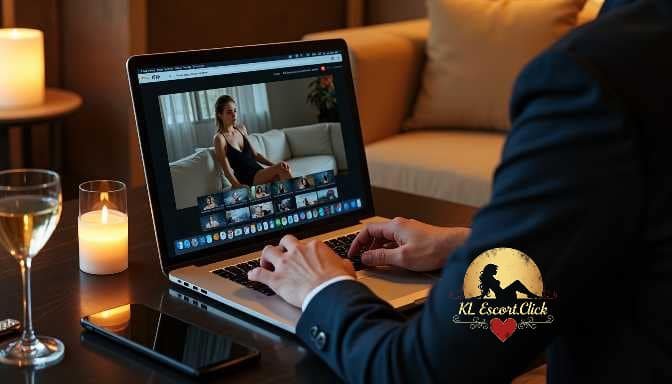 KL Escort Girl Man on laptop with video call on screen, candle and wine glass nearby Sex Call Girl