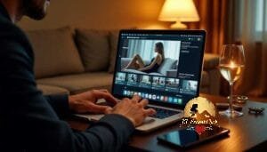 KL Escort Girl Man using laptop with streaming service interface, showing movie clips and a glass of wine. Sex Call Girl
