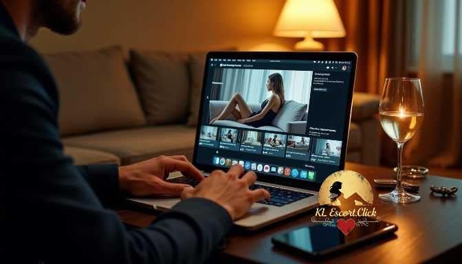 KL Escort Girl Man using laptop with streaming service interface, showing movie clips and a glass of wine. Sex Call Girl