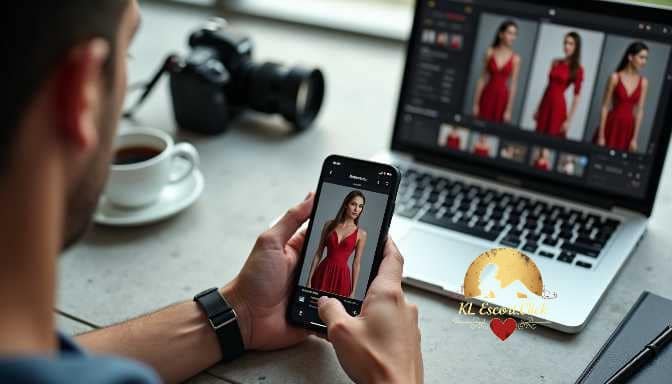 KL Escort Girl Photographer editing model's photo on phone and laptop Sex Call Girl