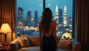 KL Escort Girl Woman in black dress looking out at city skyline at night from hotel room Sex Call Girl