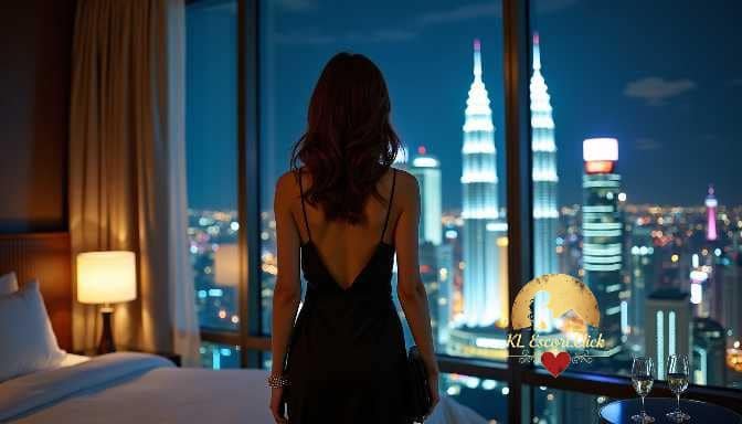 KL Escort Girl Woman in black dress looking out at city skyline at night from hotel room Sex Call Girl
