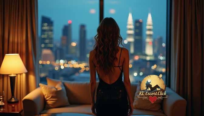KL Escort Girl Woman in black dress looking out at city skyline at night from hotel room Sex Call Girl