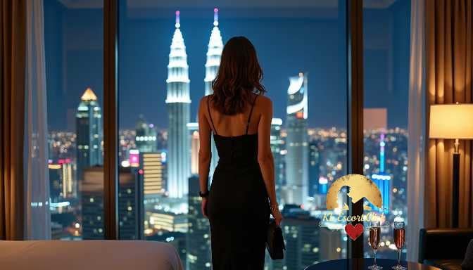 KL Escort Girl Woman in black dress at window overlooking Kuala Lumpur skyline at night Sex Call Girl