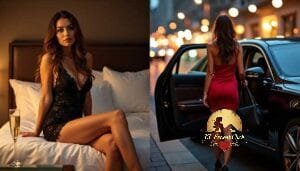 KL Escort Girl Elegant woman in a red dress exiting a luxury car at night. Sex Call Girl
